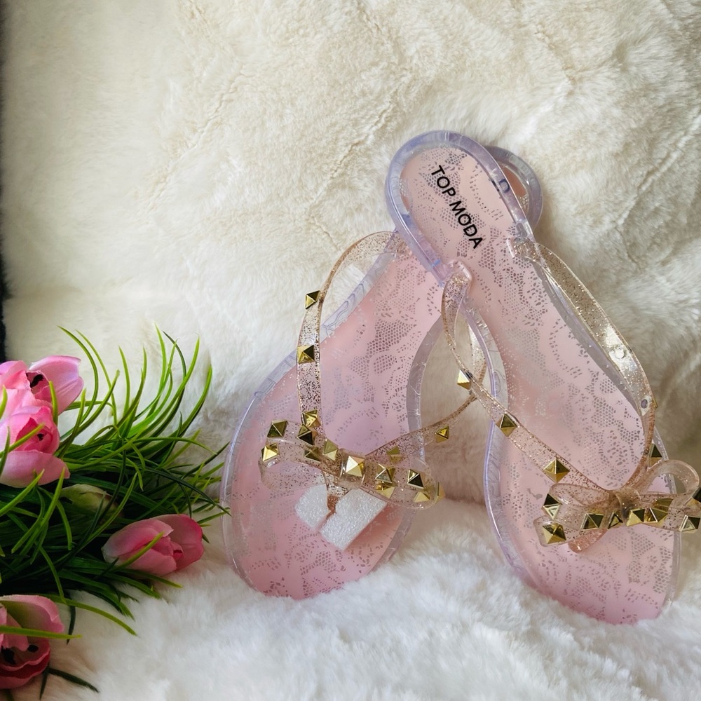 Clear bow flip flop jelly sandals with gold studs - Picture 1 of 7